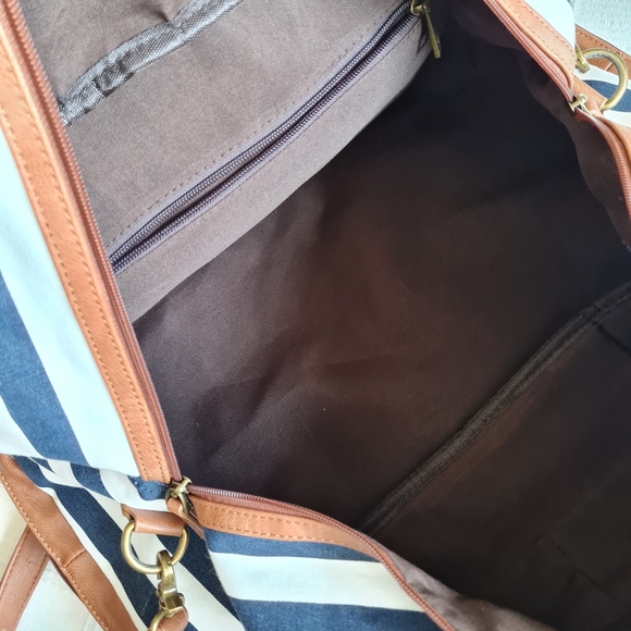 Canvas Weekender Travel Duffel Bag Shoe Compartment Navy Beige Boho Striped - Picture 7 of 16